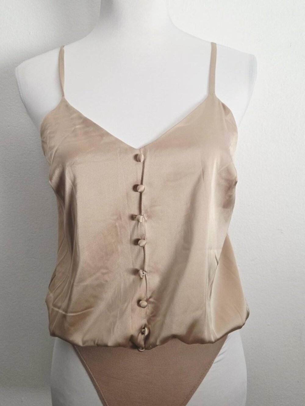Forever 21 beige silk cami bodysuit top with button front and adjustable straps